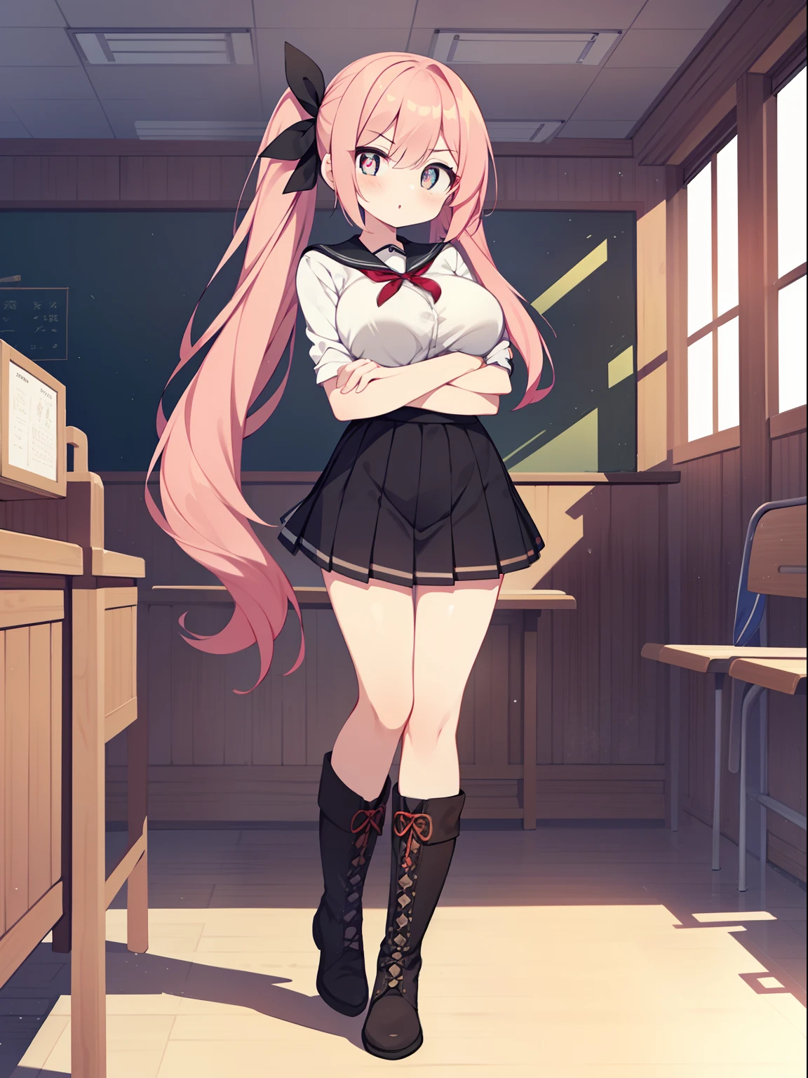 (1girl in:1.2), (Solo:1.2), masutepiece, nffsw、Shaders、Brilliant Textured Work、Ultra-detailed eyes、ultra-intricate pupil in eyes、top-quality、Pink hair、Very long ponytail、Large ribbon、ruby eyes、I'm stunned、Cartoonish eyes、student clothes、large full breasts、a miniskirt、Black knee socks、boots、crossed arms、schools、Standing Picture、Looking here、full body、
