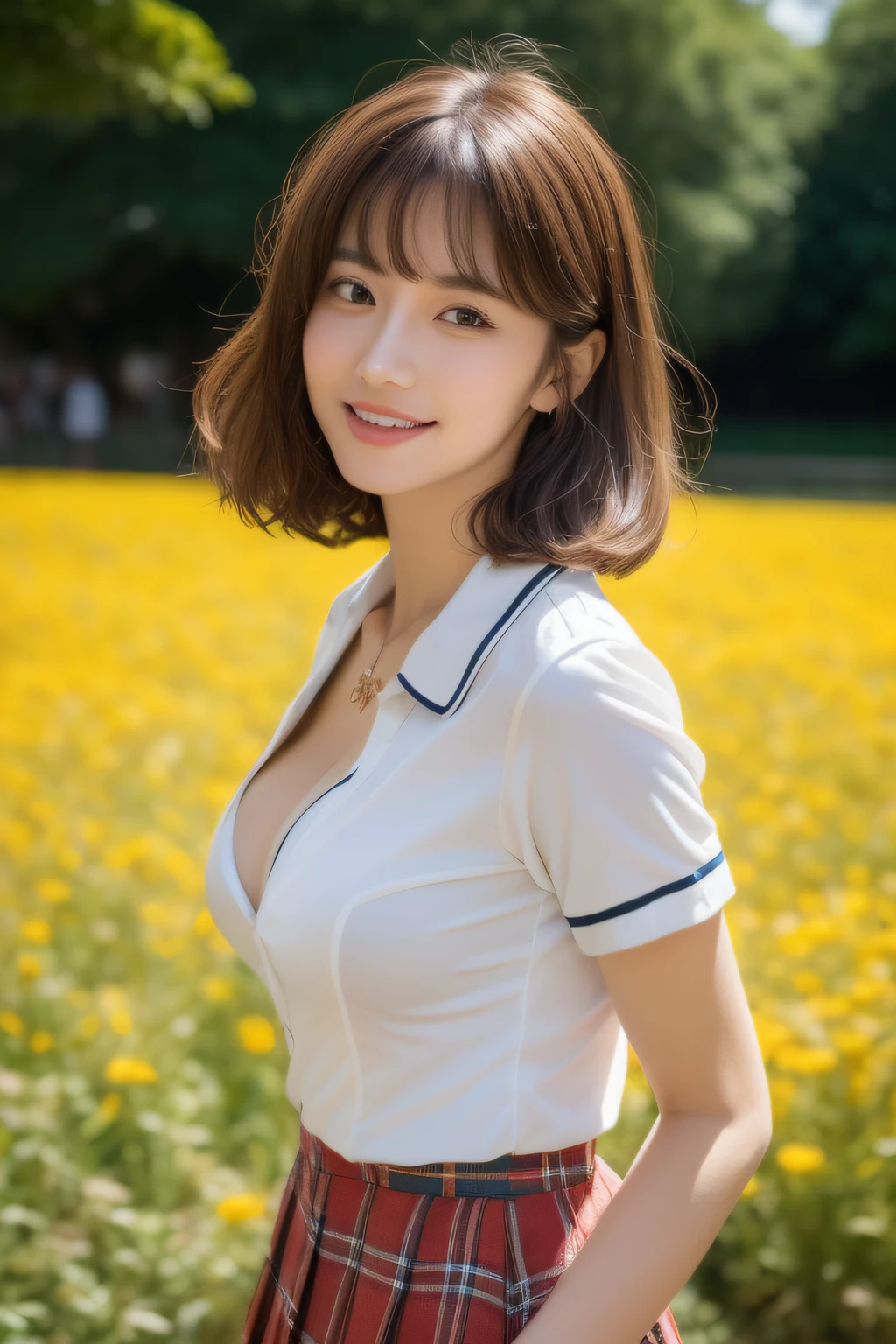 NSFW, 8k RAW photo, Best Quality, masutepiece, 超A high resolution, Film grain, filmg,( 20yr old, Slender face, 1girl in, slanted eye, eyesight, long eyelashes, Eye Highlights), Looking at Viewer, Natural Skin Texture, A perfectly proportioned face, Dimples, realistic eyes and face details, Full lips, lip stick, (makeup), Red eyeshadow, Perm Hair, Fluffy short hair, hair messy, Smile, closes mouth, Beautiful legs, Tall lady, skinny, slim_Legs, Solo, huge-breasted, cleavage, Ultra short skirt, Ass, Shirt, (beautiful nature location, around flowers location), (Detailed background), (Beige plaid skirt, White shirt), huge-breasted, cleavage, Show a little cleavage through the shirt, lowfers, Blurry background, Blurry, Plaid, Short sleeves, Brown hair, Bangs, ((School uniform)), a necklace, Parted lips, Lips, From Side, Pleated skirt, depth of fields