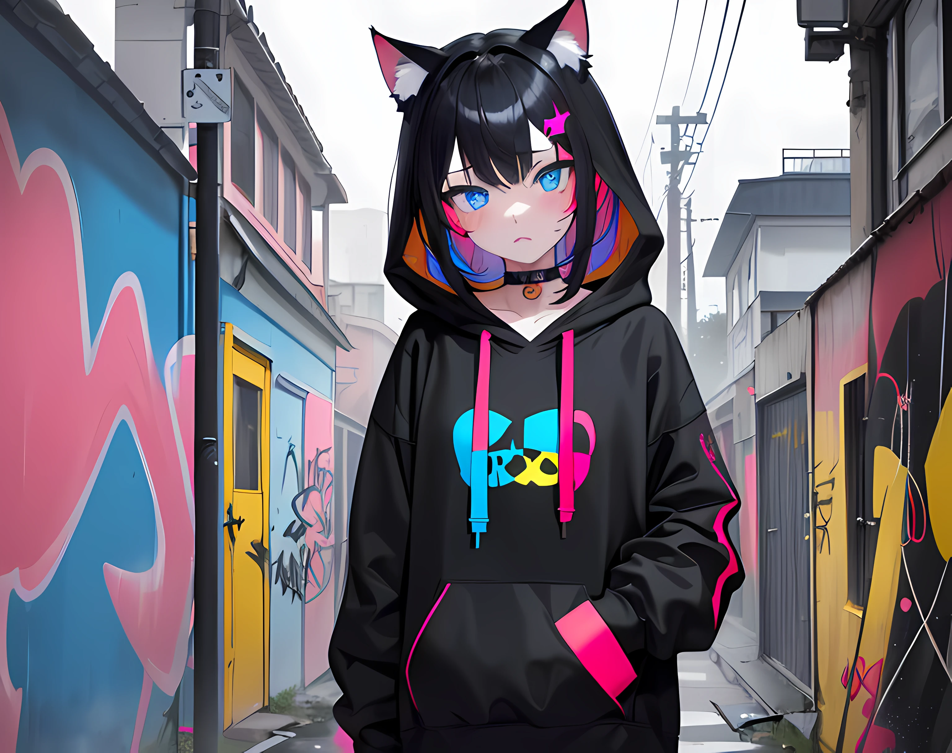 (best quality, masterpiece), (1girl, solo, cat ear black hood, standing, blue eyes, black hair, leaning, upper body), (less light, red blue pink yellow room, red blue pink yellow graffiti behind, disorderly spray cans)