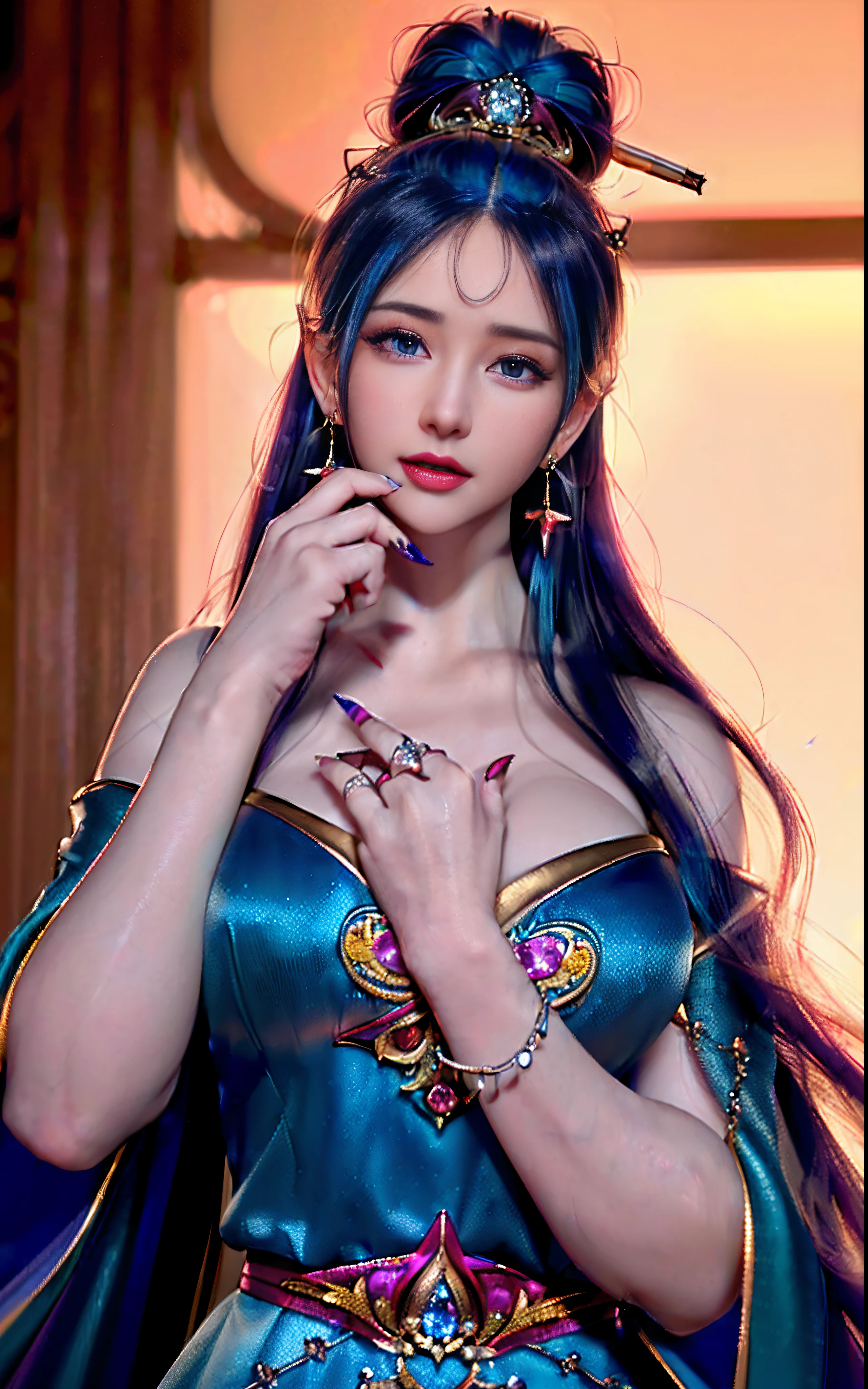 Photorealistic,Ultra-high resolution large files,8K premium wallpaper,10x pixels,CG wallpaper with clear and realistic details,Top female portraits,Ultra-fine,Beautiful sexy woman,Very careful eyes and face,dynamicposes,Beautiful fine eyes,A sexy mature woman,Royal sister style,Long black-purple hair,He has long black and purple hair,Clear and realistic hair,Clear strands of hair,Delicate eyelash makeup,tthin eyebrows,Super detailed eyes,Beautiful sexy big red lips,Mature face,Delicate facial makeup,The face of a Latin woman,Careful facial works,Perfect body shape,Perfect body ratio,Wearing a liquid silver body-on dress,Backless skirt,Black transparent pantyhose,high-heels,shining dress,Slim,sexy for,jewelry,choker necklace,耳Nipple Ring,Bracelet,indoor background, (aegyo sal:1)Mature Woman Photography Work,Liquid metal silver series,Real Photographics,True and clear,Stylish artwork,Fantasyart,Fine top-of-the-line work,High-level detail works