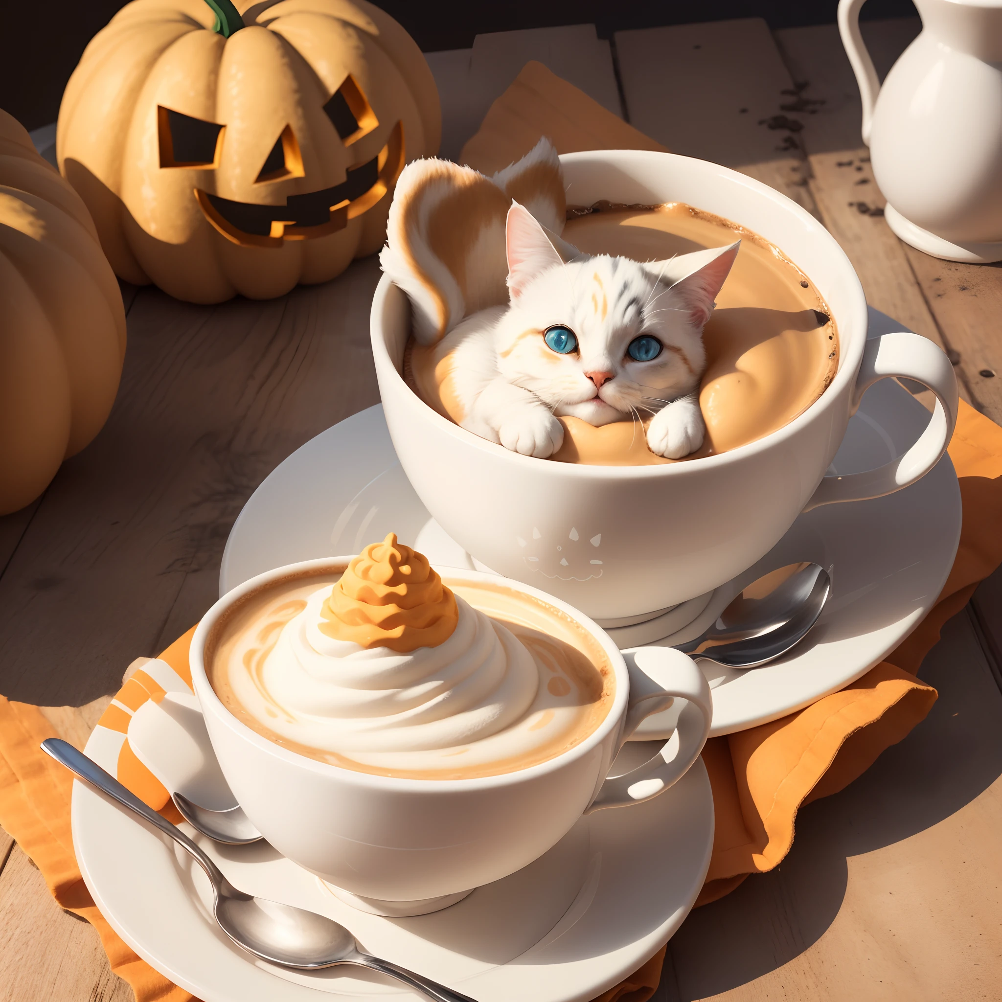 a café laté drawing of milk depicting a 3D cat head in a cup with a Halloween pattern, saucer and spoon.