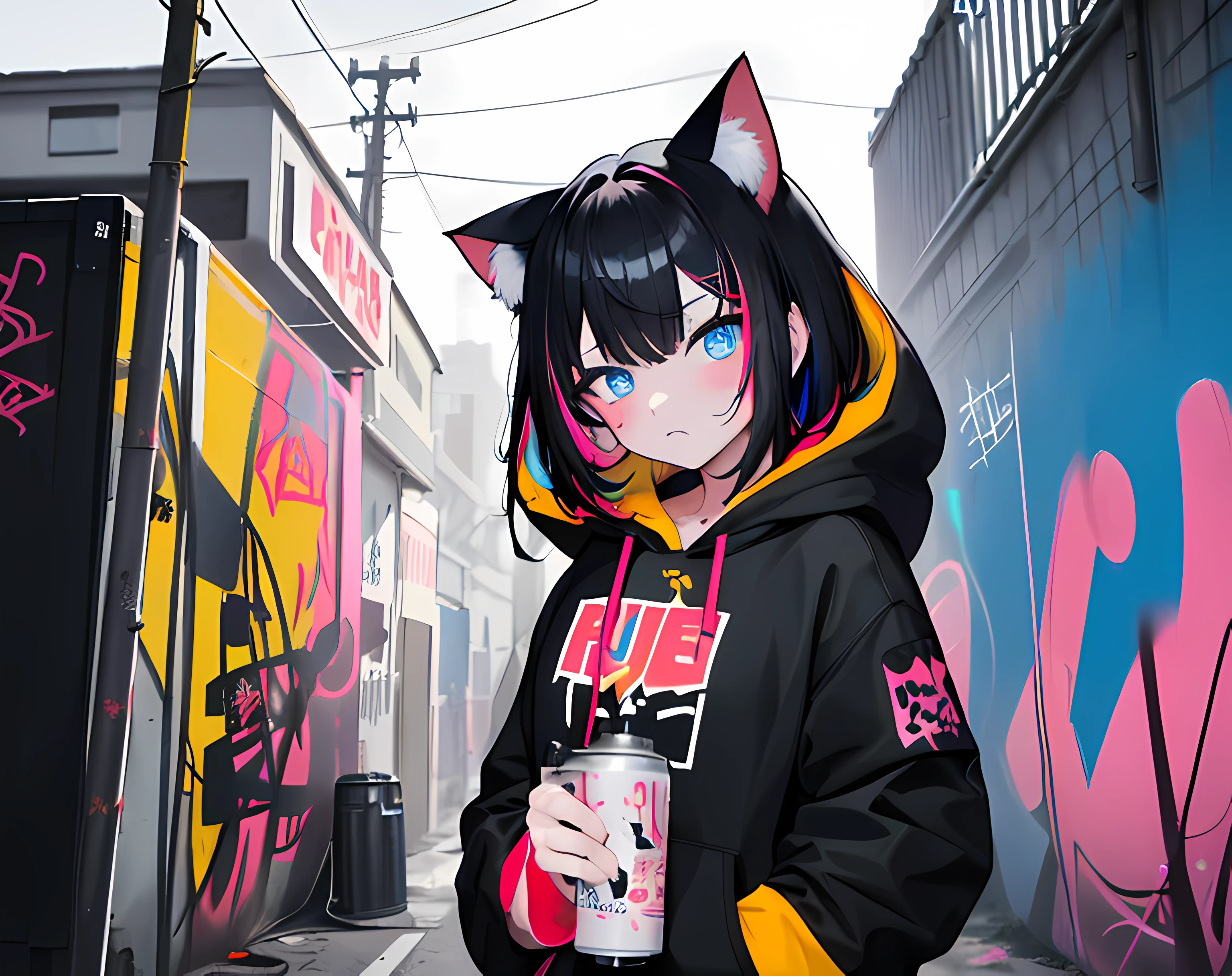 (best quality, masterpiece), (1girl, solo, cat ear black hood, standing, blue eyes, black hair, leaning, upper body), (less light, red blue pink yellow room, red blue pink yellow graffiti behind, disorderly spray cans)