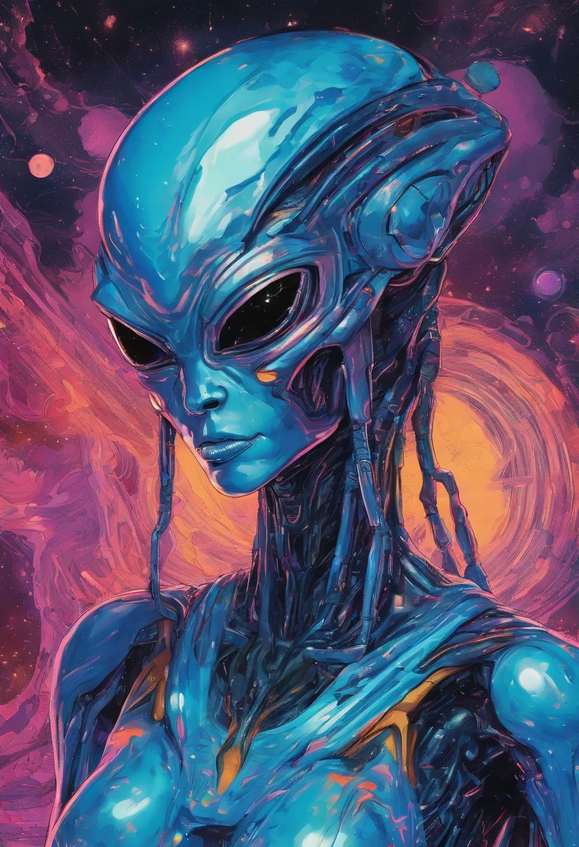 Imagine an electric blue nebula filled with psychedelic colors and pulsating plasma streams. A cyborg, half-human and half-android, floats in space, marveling at the alien technologies surrounding. illustration, dark magic splash, fantasy art, hand drawn, Accent Lighting, subtle motion effects, best quality, decorative art, low-poly, UHD, golden ratio composition, ((soft colors)), (cel-shading style)extremely saturated image (saturation 10) ink lined art, bold lines, illuminated by stars