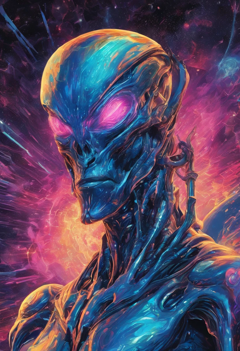 Imagine an electric blue nebula filled with psychedelic colors and pulsating plasma streams. A cyborg, half-human and half-android, floats in space, marveling at the alien technologies surrounding. illustration, dark magic splash, fantasy art, hand drawn, Accent Lighting, subtle motion effects, best quality, decorative art, low-poly, UHD, golden ratio composition, ((soft colors)), (cel-shading style)extremely saturated image (saturation 10) ink lined art, bold lines, illuminated by stars