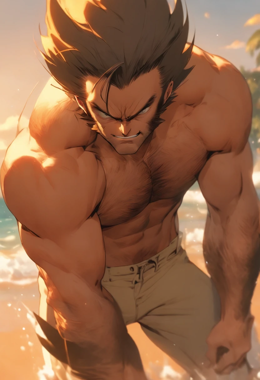 Wolverine standing in front of the beach villa，and hold your head in your hands，Panties show off the figure ，aged 40，Asian male，Nasolabial folds，The whole body is wet with water，red brown hair，Reddish-brown beard，large pecs，Brownish-yellow skin，There is white fluid slipping from the chest muscles，There is a white liquid sliding down the thigh，Red panties，((Crotch bulge))，A confident expression，Detailed hair details，Paintings in the style of Gaston Busier， gentlesoftlighting， low-contrast， (best qualtiy)，tmasterpiece，Detailed eyelid details