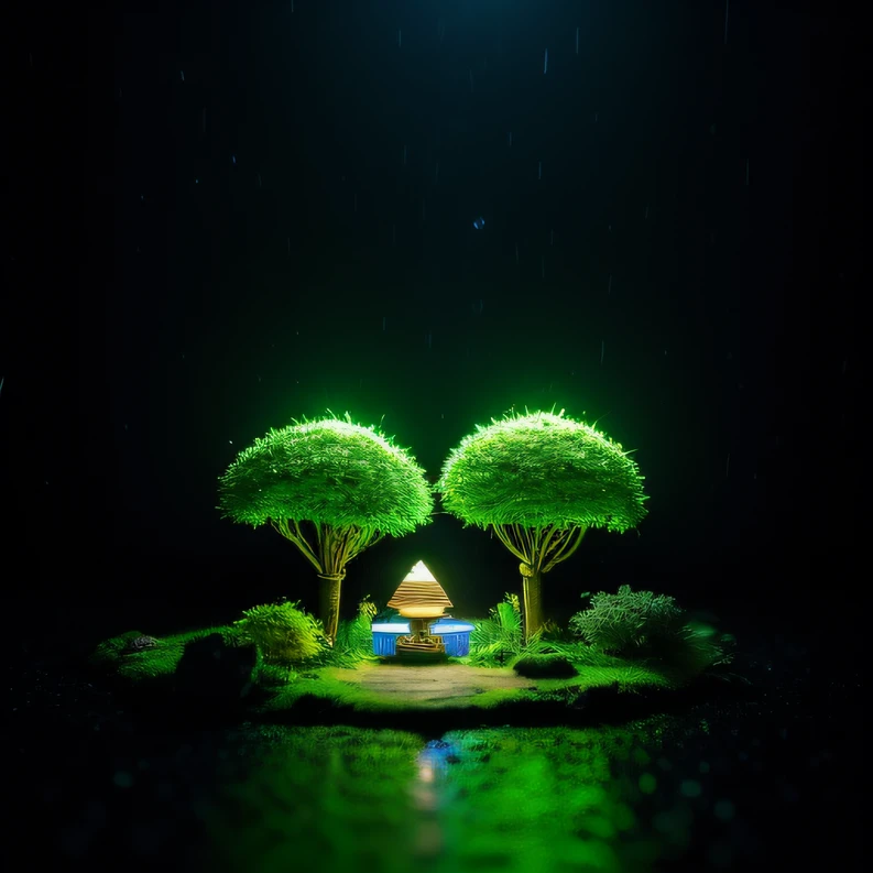 In a rainstorm，Bright yellow-green，Hostel 1：20 miniatures，3D equidistance，There are lights in the room，Dwarf shrub style，Realistic painting，cinematric light，Lunar soil，deep in the night，Magnificent，16K depth of field，8K