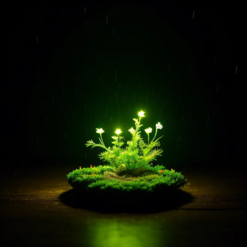 In a rainstorm,Bright yellow-green,Hostel 1:20 miniatures,3D equidistance,There are lights in the room,Dwarf shrub style,Realistic painting,cinematric light,Lunar soil,deep in the night,Magnificent,16K depth of field,8K
