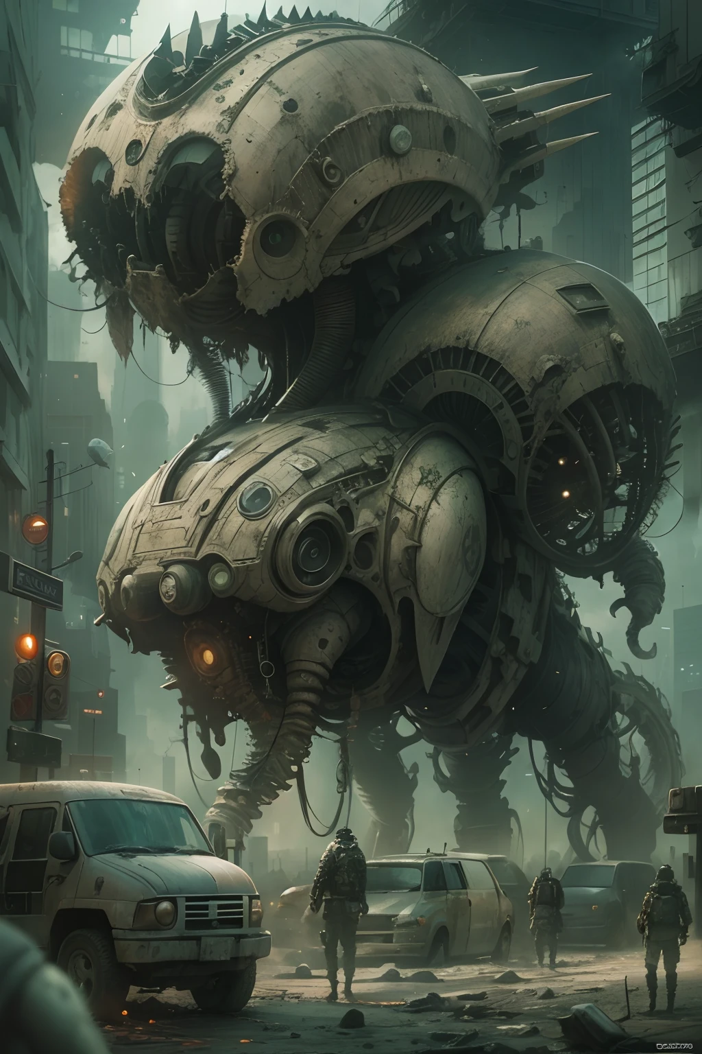 Technologically advanced and highly detailed aliens in a post-apocalyptic cityscape.