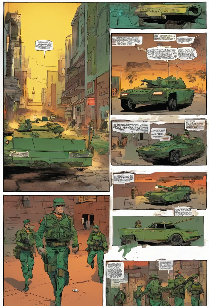 Quadrinhos americanos, The comic is presented in several irregular panels with colors.Bruce Wayne vestido com uniforme militar verde mata sobe na moto cor preta com detalges amarelos, marca kawasaki estacionada em frente a sua casa.