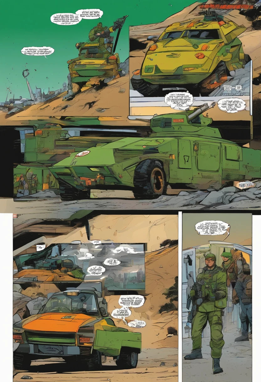Quadrinhos americanos, The comic is presented in several irregular panels with colors.Bruce Wayne vestido com uniforme militar verde mata sobe na moto cor preta com detalges amarelos, marca kawasaki estacionada em frente a sua casa.