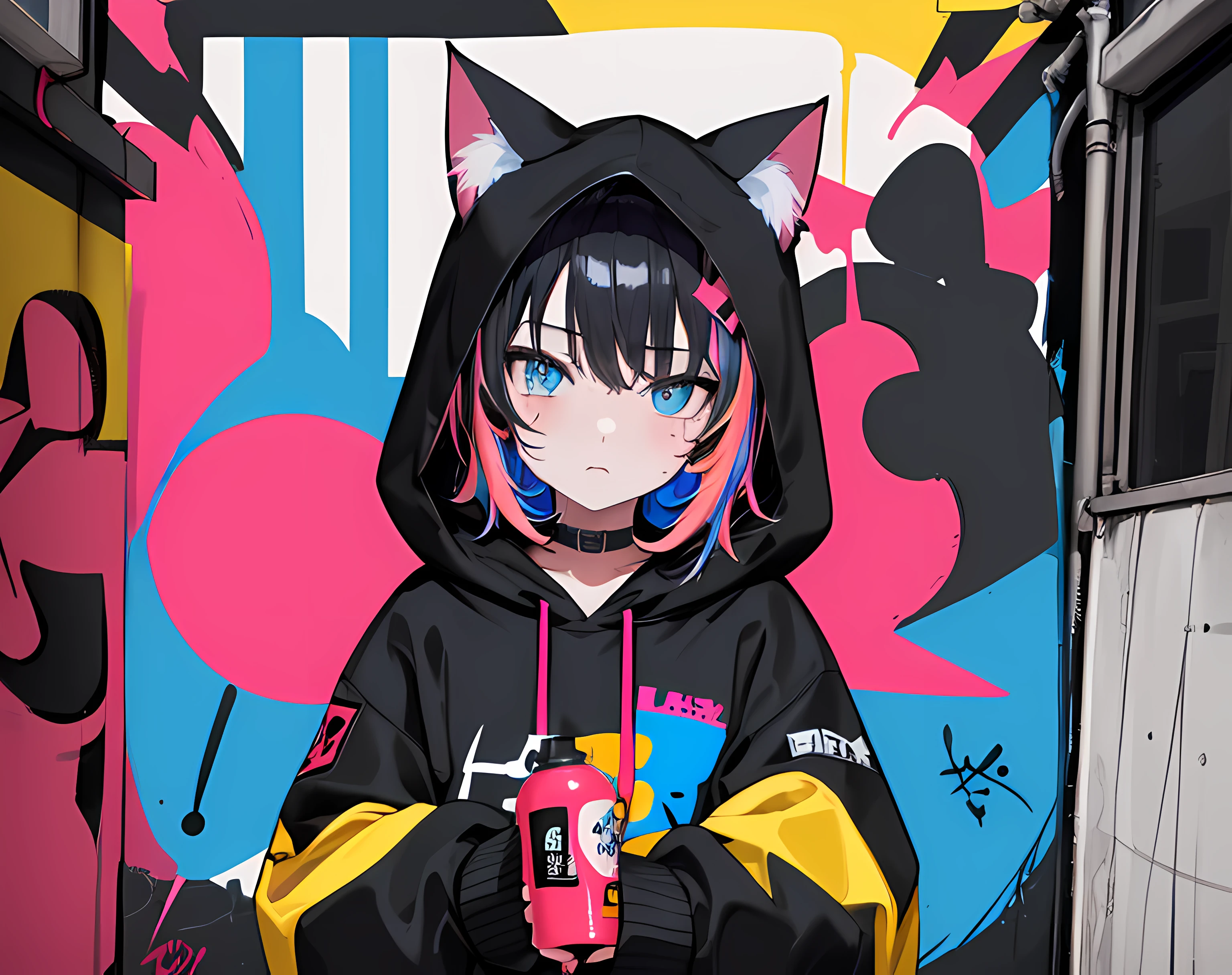 (best quality, masterpiece), (1girl, solo, cat ear black hood, standing, blue eyes, black hair, leaning, upper body), (less light, red blue pink yellow room, red blue pink yellow graffiti behind, disorderly spray cans)