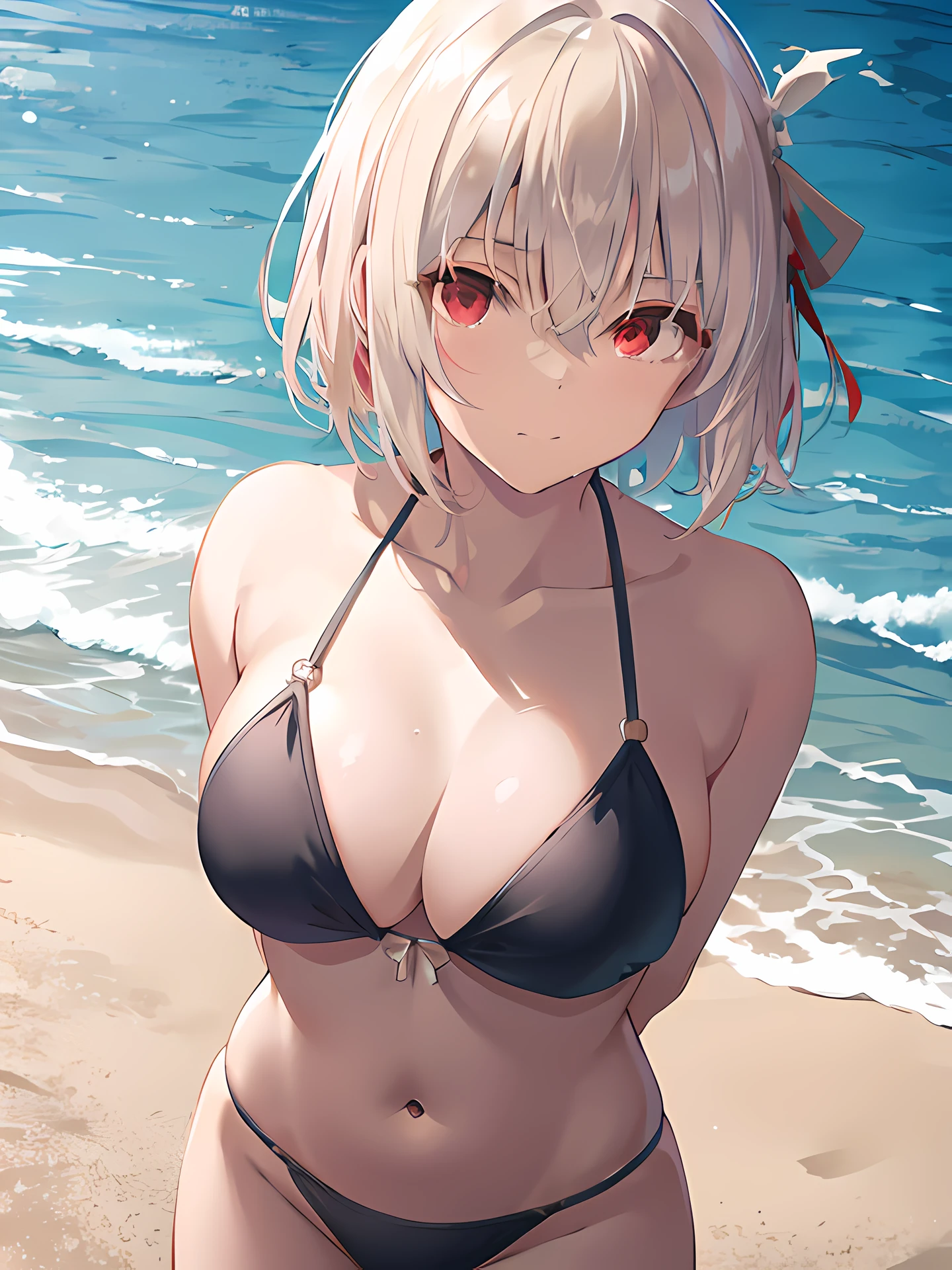 anime girl in a bikini posing on the beach with a blue ocean in the background, seductive anime girl, realistic bikini, at a beach, at the beach, in the beach, smooth anime cg art, nishikigi chisato, short hair, bangs, blonde hair, (red eyes:1.5), hair ribbon, one side up, bob cut,. 4 k, on a sunny beach, at the sea,  on a beach,