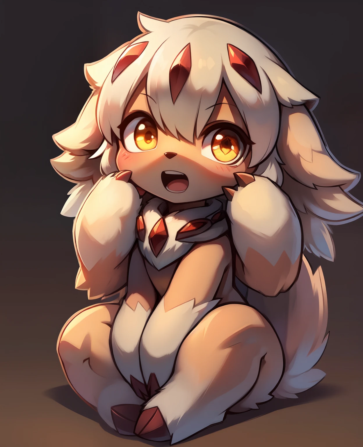 faputa looking at viewer, open mouth, simple background, sitting, full body, 4arms, chibi, sitting like a dog, hands up, upper arms on face,v arms, fapuclaws, fapuknees, fapuhooves, lower arms together, faputail, yellow eyes, fapugoggles around neck, gradient background, sparkle, brown background, outline, hand to own mouth, white outline, digital illustration
