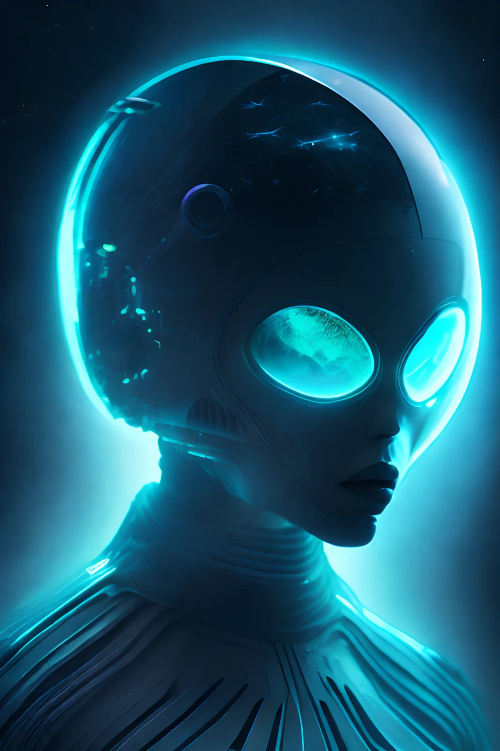 ghostly portrait of a futuristic alien from another dimension creator of the universe