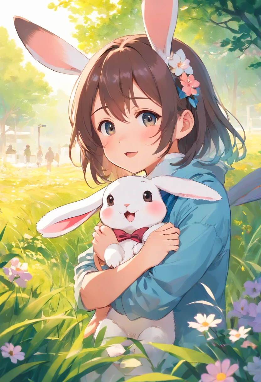 There is a big white rabbit，A flower in his mouth, adorable digital art, lovely digital painting, cute anthropomorphic bunny, cute animal, Cute detailed digital art, Cute cute, the bunny has pink fur, cute colorful adorable, Beautiful and cute, Cute and lovely, adorable creature, cute artwork, cute beautiful, Cute cute, Cute anime，embarressed, Blush, physical_fluids, Ear_Blush,Male testicles