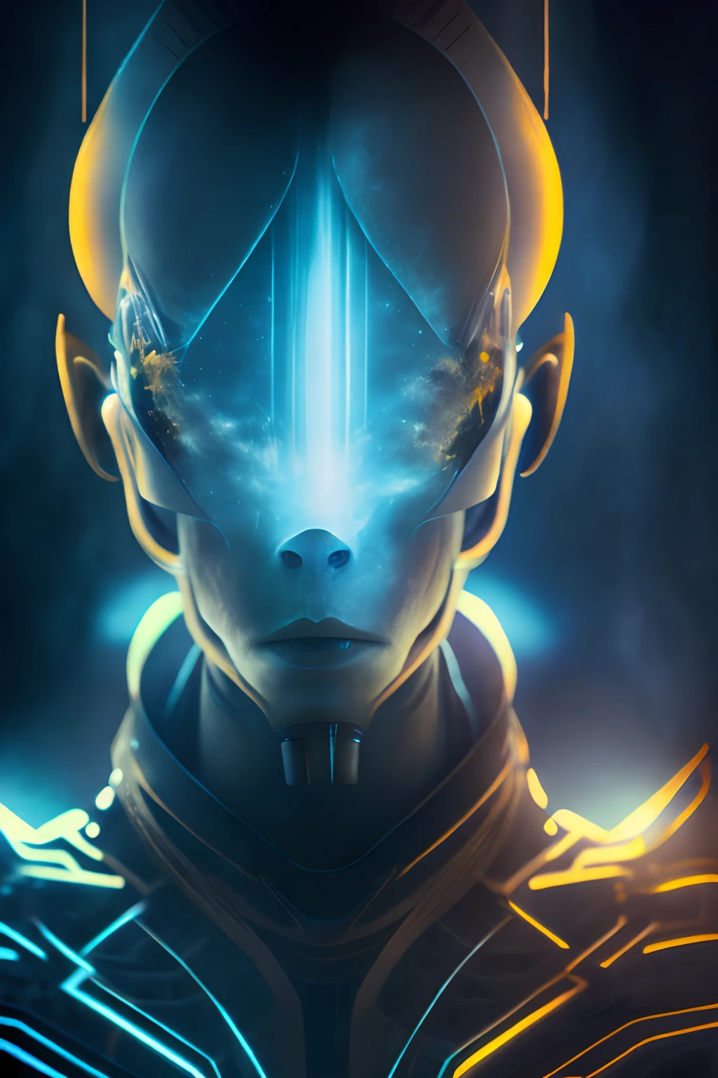 ghostly portrait of a futuristic alien from another dimension creator of the universe