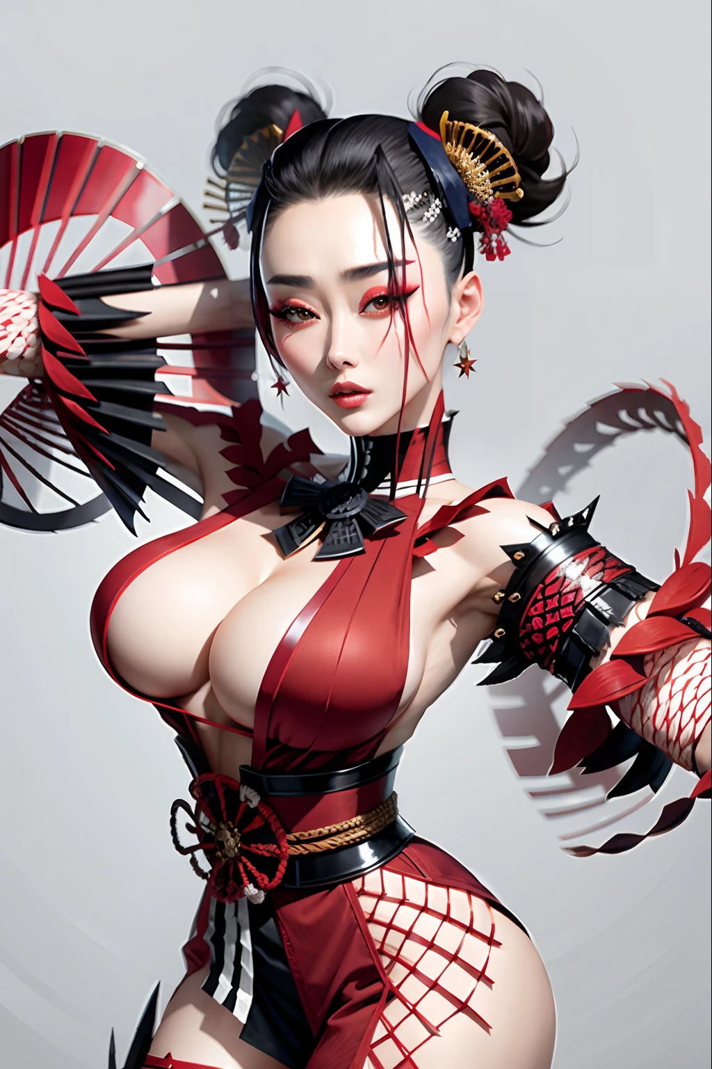 Shirtless Fan Bingbing wearing a dynamic Japan Samurai-inspired outfit. Emphasize the blending of traditional and modern elements in her attire, with attention to intricate stocking patterns and avant-garde wedge shoes.