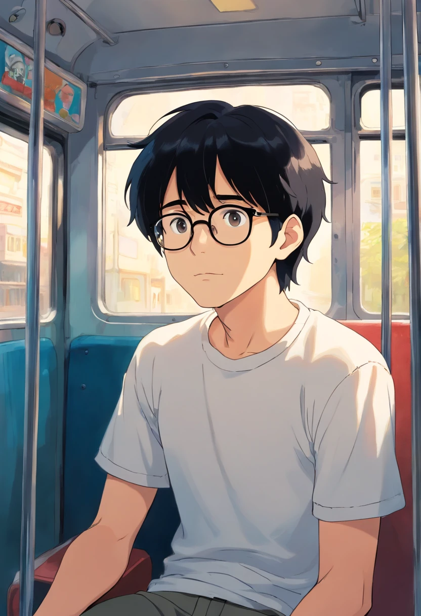man with black hair, wearing eyeglasses, wearing white t-shirt, sitting in the bus