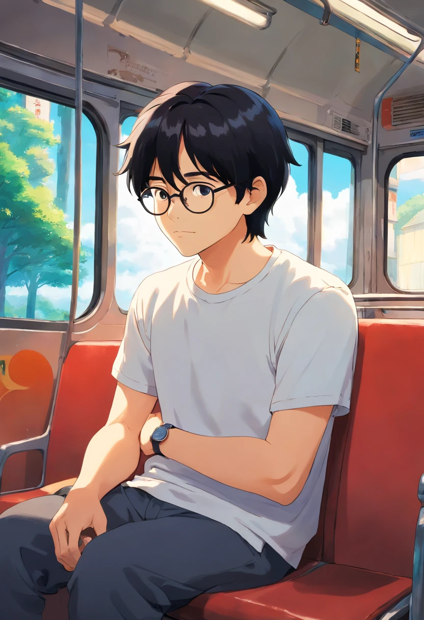 man with black hair, wearing eyeglasses, wearing white t-shirt, sitting in the bus