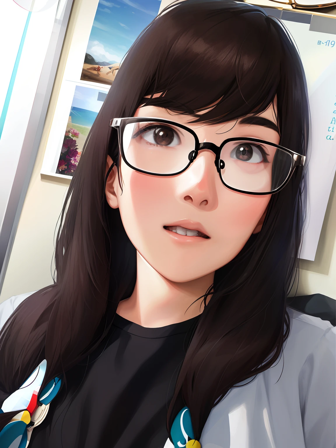 there is a woman with glasses and a black shirt posing for a picture, clear cute face, transparent glasses, wearing thin large round glasses, With glasses, Very clear face, eye glass, 8k selfie photograph, chiho, 2 8 years old, 2 7 years old, 2 9 years old, wears glasses,with a pure white background