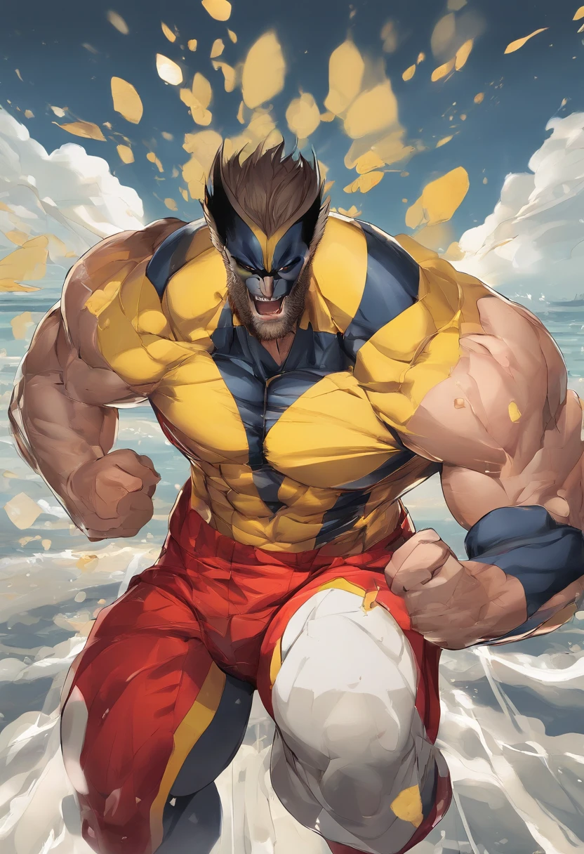 Wolverine standing in front of the beach villa,and hold your head in your hands,Panties show off the figure ,aged 40,Asian male,Nasolabial folds,The whole body is wet with water,red brown hair,Reddish-brown beard,large pecs,Brownish-yellow skin,There is white fluid slipping from the chest muscles,There is a white liquid sliding down the thigh,Red panties,((Crotch bulge)),A confident expression,Detailed hair details,Paintings in the style of Gaston Busier, gentlesoftlighting, low-contrast, (best qualtiy),tmasterpiece,Detailed eyelid details