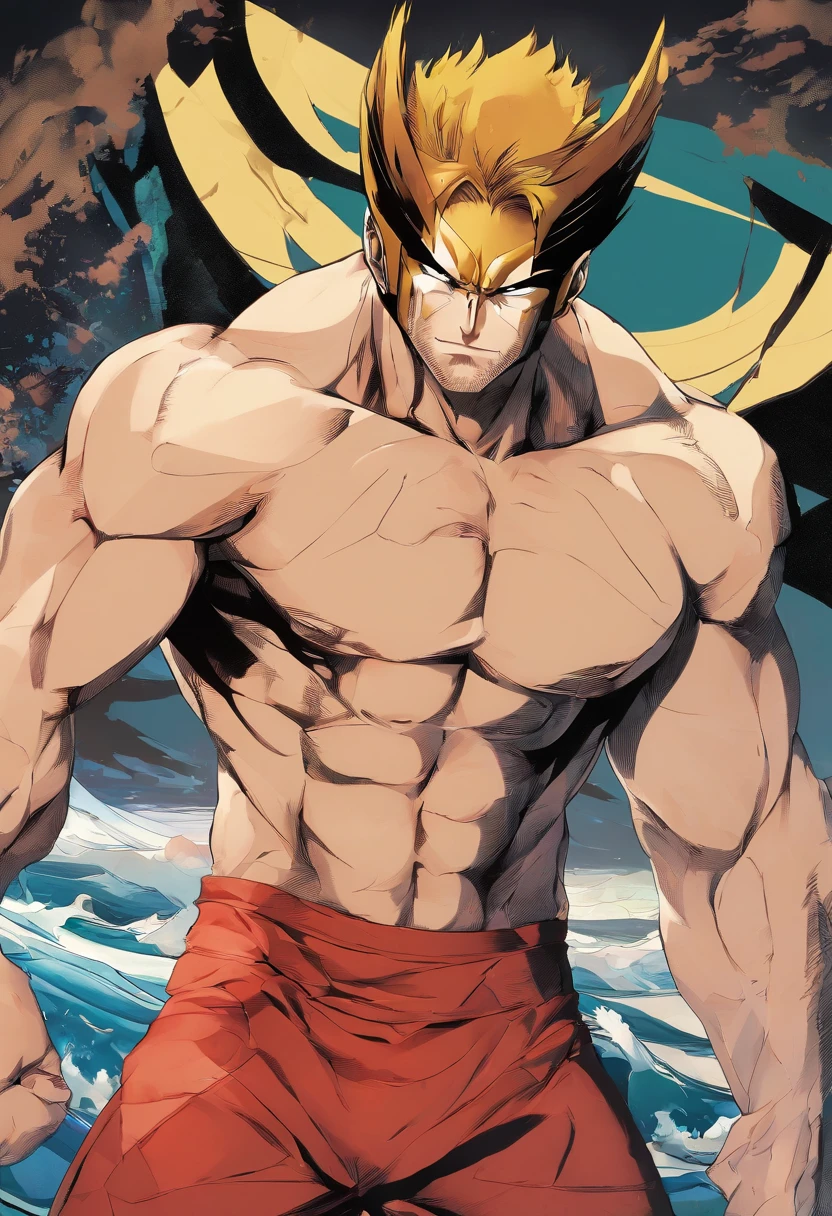 Wolverine standing in front of the beach villa,and hold your head in your hands,Panties show off the figure ,aged 40,Asian male,Nasolabial folds,The whole body is wet with water,red brown hair,Reddish-brown beard,large pecs,Brownish-yellow skin,There is white fluid slipping from the chest muscles,There is a white liquid sliding down the thigh,Red panties,((Crotch bulge)),A confident expression,Detailed hair details,Paintings in the style of Gaston Busier, gentlesoftlighting, low-contrast, (best qualtiy),tmasterpiece,Detailed eyelid details