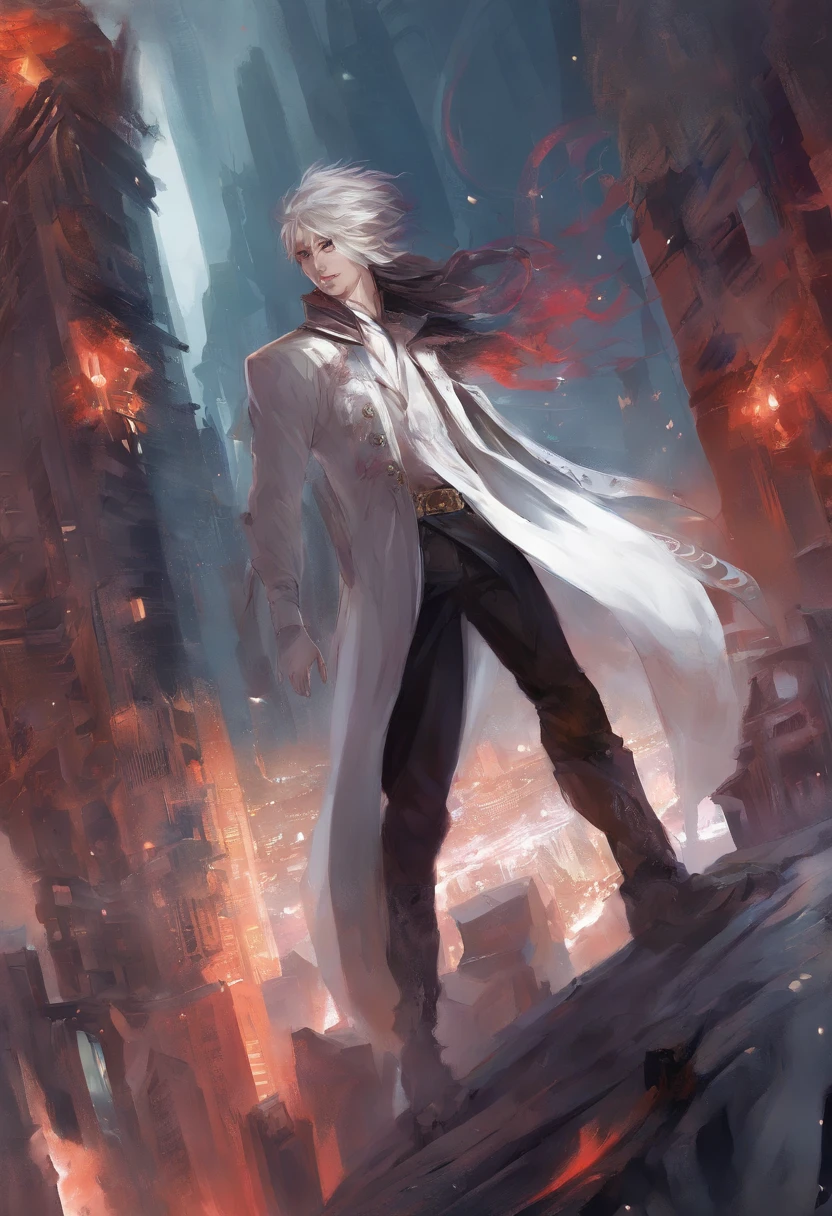 solo person,shaggy,gray wolf,White body,a black trench coat,Black pantsuit,Crimson eyes,Black katana around the waist,Stand on the top of a tall building