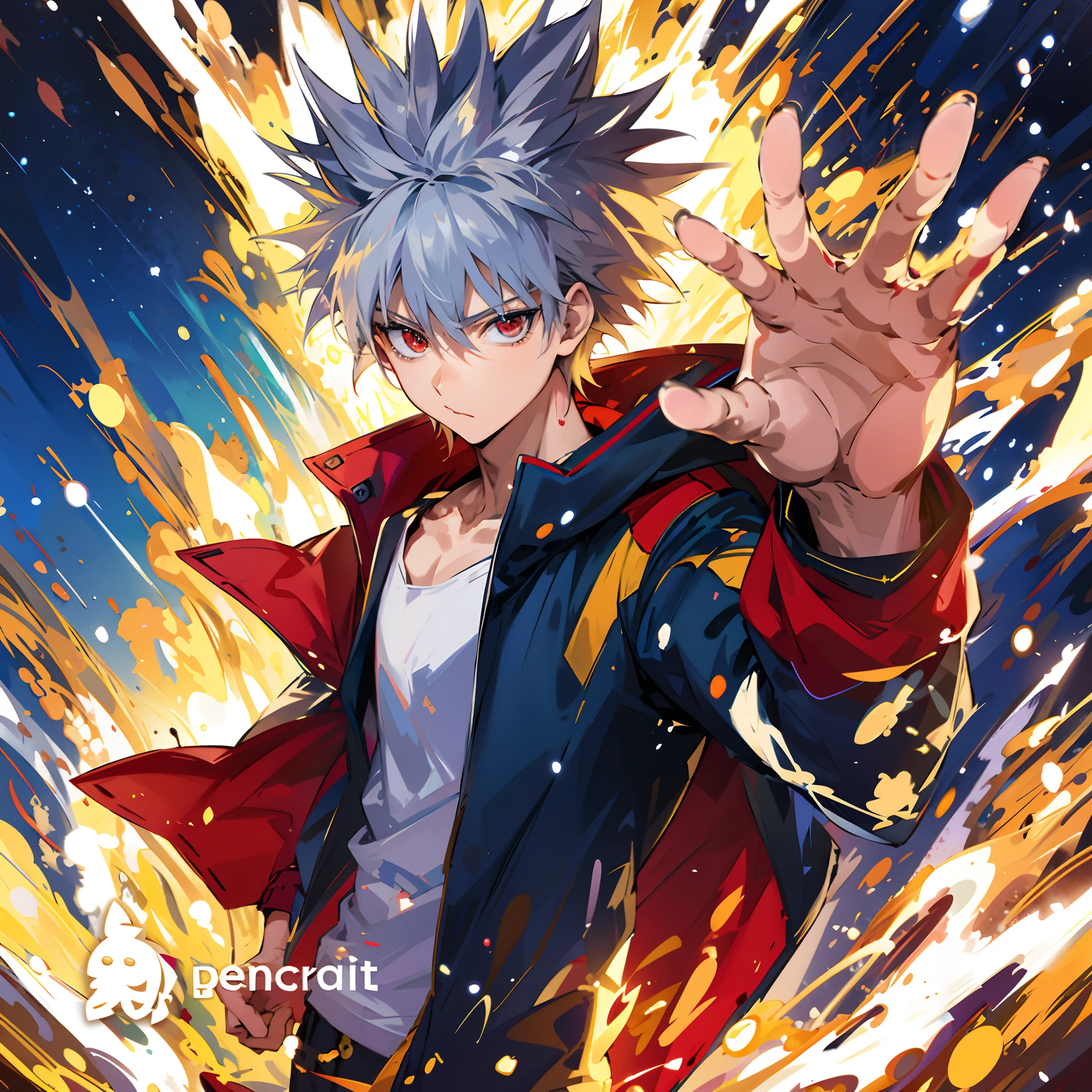 Anime character with a red jacket and white shirt in front of a fire, arte oficial do anime, arte oficial, Arte Oficial, arte chave do anime, arte chave detalhada do anime, arte oficial altamente detalhada, arte detalhada do personagem de anime, arte de personagens de anime, Killua Zoldyck, arte detalhada do anime, arte chave do anime, arte conceitual visual chave do anime de, arte em alta de anime
