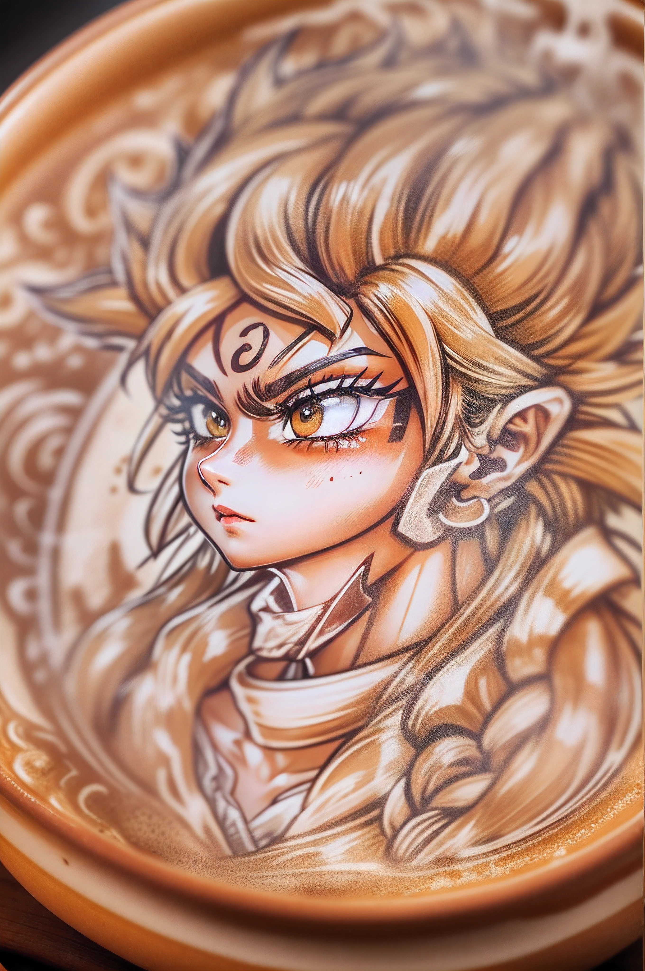 a cup of latte coffee, latte is drawn highly detailed portrait of goku ((latte art was shown inside the cup))
