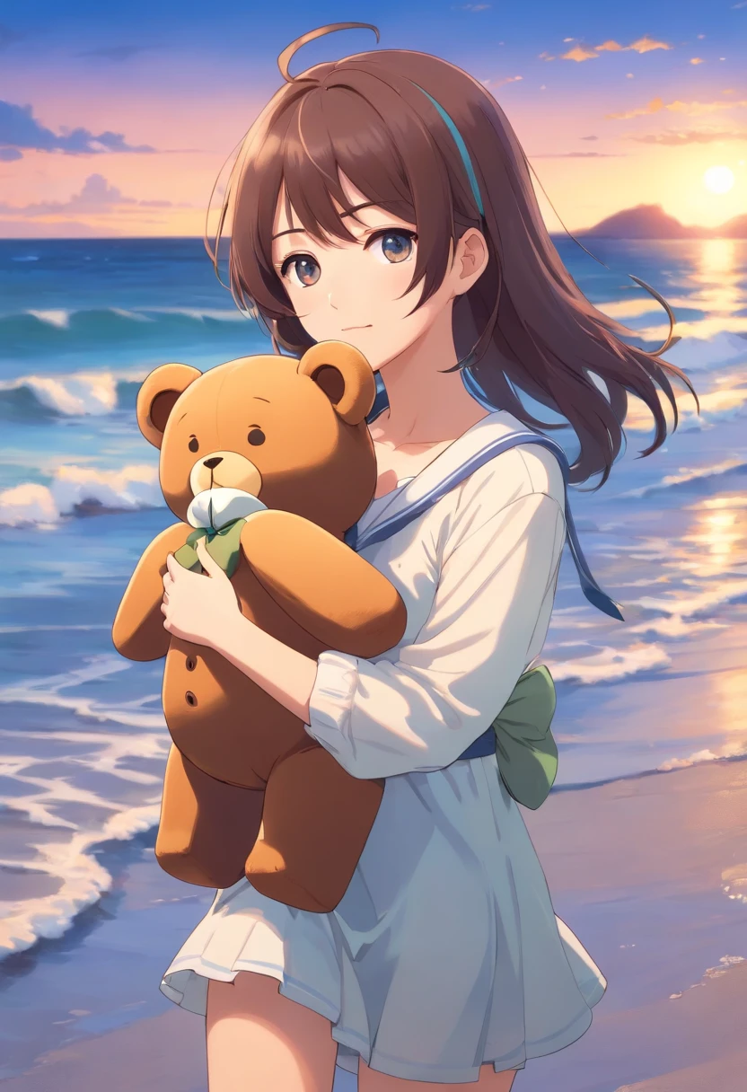 There is a woman holding a teddy bear on the beach, Kawaii realistic portrait, Cute anime girl, anime visual of a cute girl, Smooth anime CG art, Guviz-style artwork, portrait of cute anime girl, cute portrait, a beautiful anime portrait, Beautiful anime girl, Cute anime girl portrait, Realistic anime 3 D style
