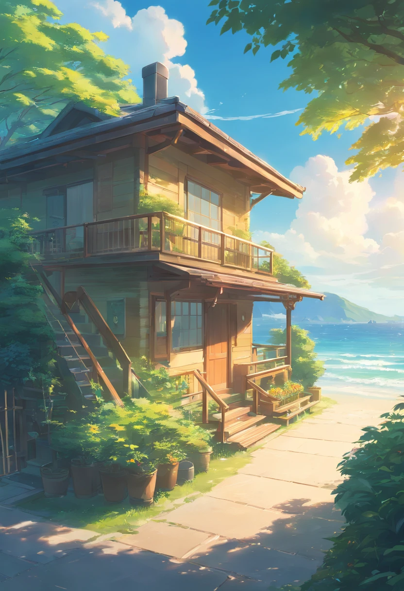 Close-up of the cottage by the beach, ross tran. scenery background, ryan dyar, environment painting, Beautiful oil matte painting, photorealistic landscapes, 4k hd matte digital painting, 8 k resolution digital painting, 8k resolution digital painting, hyperrealistic landscape, inspired by Raphael Lacoste, Illustration matte painting, beautiful digital painting