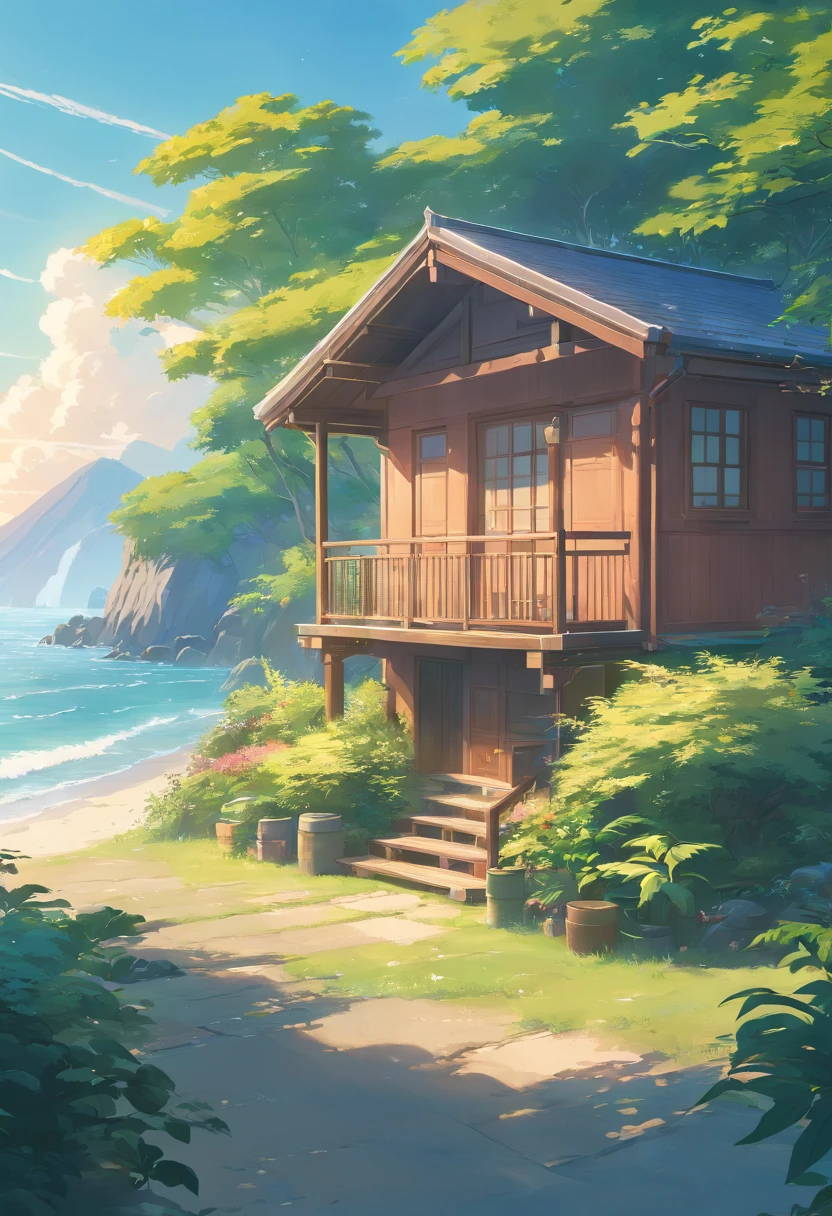 Close-up of the cottage by the beach, ross tran. scenery background, ryan dyar, environment painting, Beautiful oil matte painting, photorealistic landscapes, 4k hd matte digital painting, 8 k resolution digital painting, 8k resolution digital painting, hyperrealistic landscape, inspired by Raphael Lacoste, Illustration matte painting, beautiful digital painting
