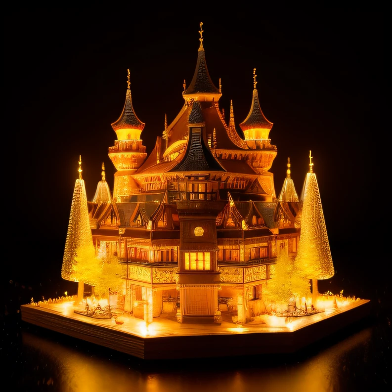 In heavy rain,((A huge castle complex of ancient square-topped stones burning in the fire))The picture quality is excellent,Lightning,Yellow light fog,电影灯光,Natural, realistic colors,Full composition,The style refers to Van Gogh,Subject content,Burning wooden ancient domed stone giant castle game scene 1:60 miniatures,Lightning and lightning