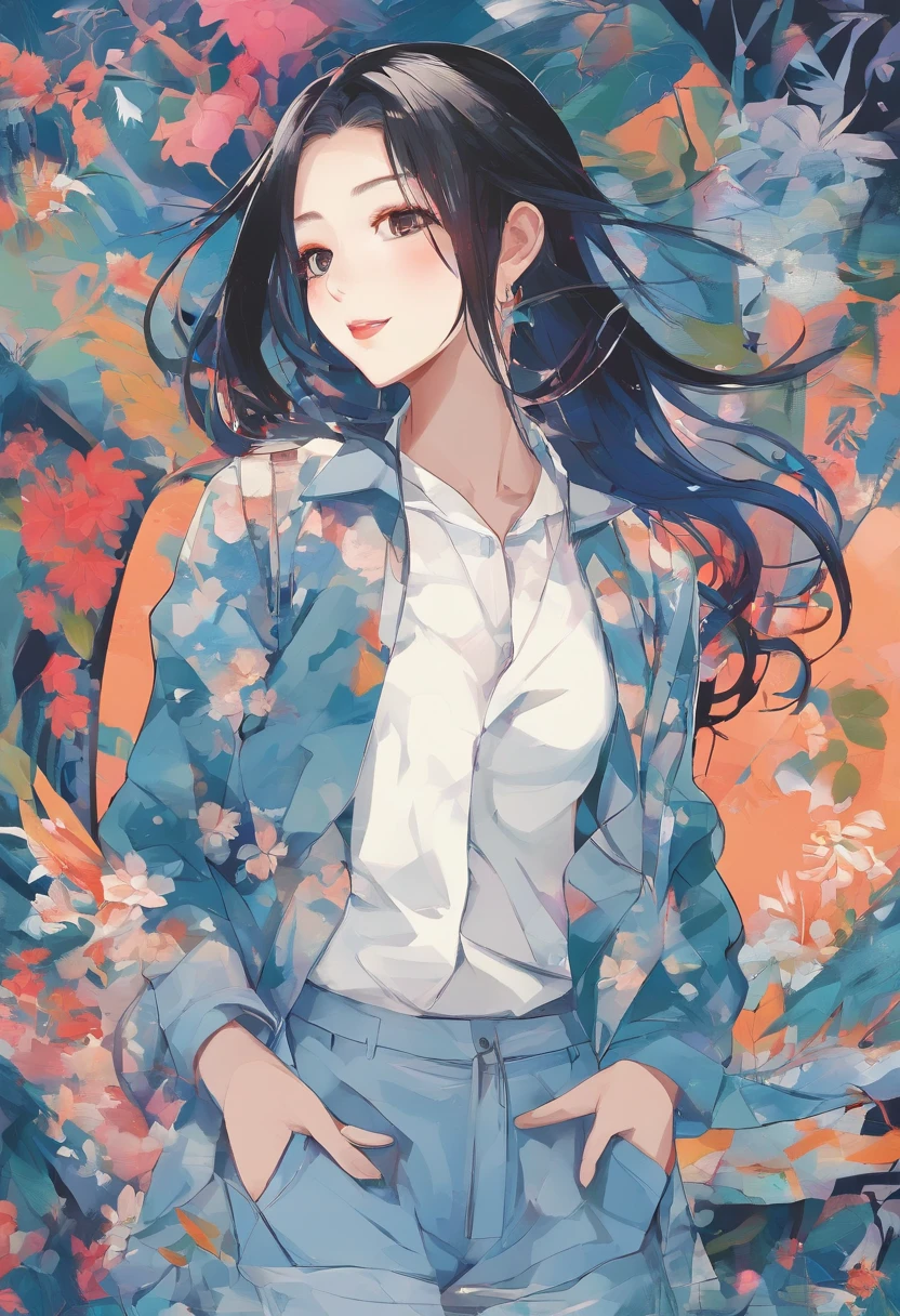 Leaning sideways,Place your hands on your waist,Black suspender short shirt,Crop topping,denim short,flipflops,Leaky shoulders,Transparent coat,High ponytail,A body full of sweat,Squat,With his back to the camera,looks into camera,embarressed,