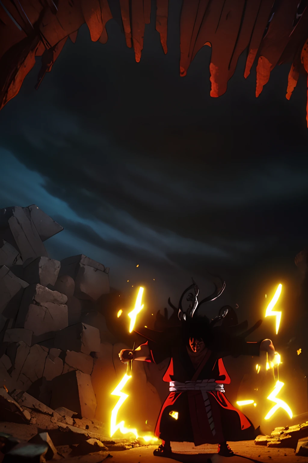 1 boy, Monkey D Rufi Fighting (rubbery-looking body), One piece, 1 giant Japan of blue dragon, Eiichiro Oda Style, Full body, Dynamic Pose, Ancient ruins, loimu, Spark, Lightning, wanostyle, masutepiece, intricate-detail, hyper realisitic, Cinematic, 8 K, Perfect composition, High contrast, hight resolution, unreal enginee 5