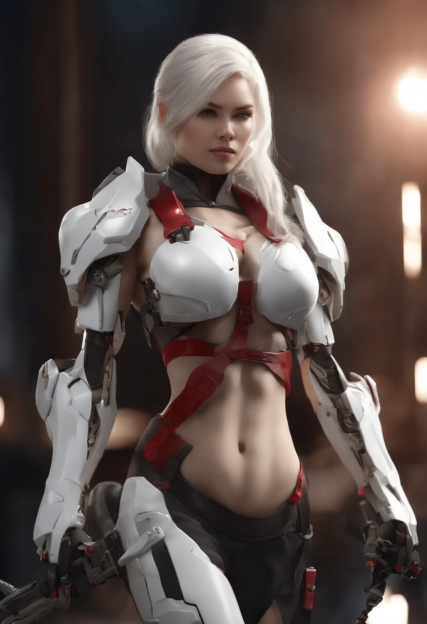 (Female Ninja Cruel Mecha: 1.3, Full body cover mechanism, Heavy AWP on the back, Digital SLR, light tracing, 。.3D, Concept art, action painting, Film Lighting, Chiaroscuro) :(1.3). Emphasize the curve of the chest, Long white ponytail hair looks graceful and attractive. Masterpiece-like 8K resolution, (Murderous death and horror): 0.5, Long red scarf fluttering in the wind, War-torn city as a background.