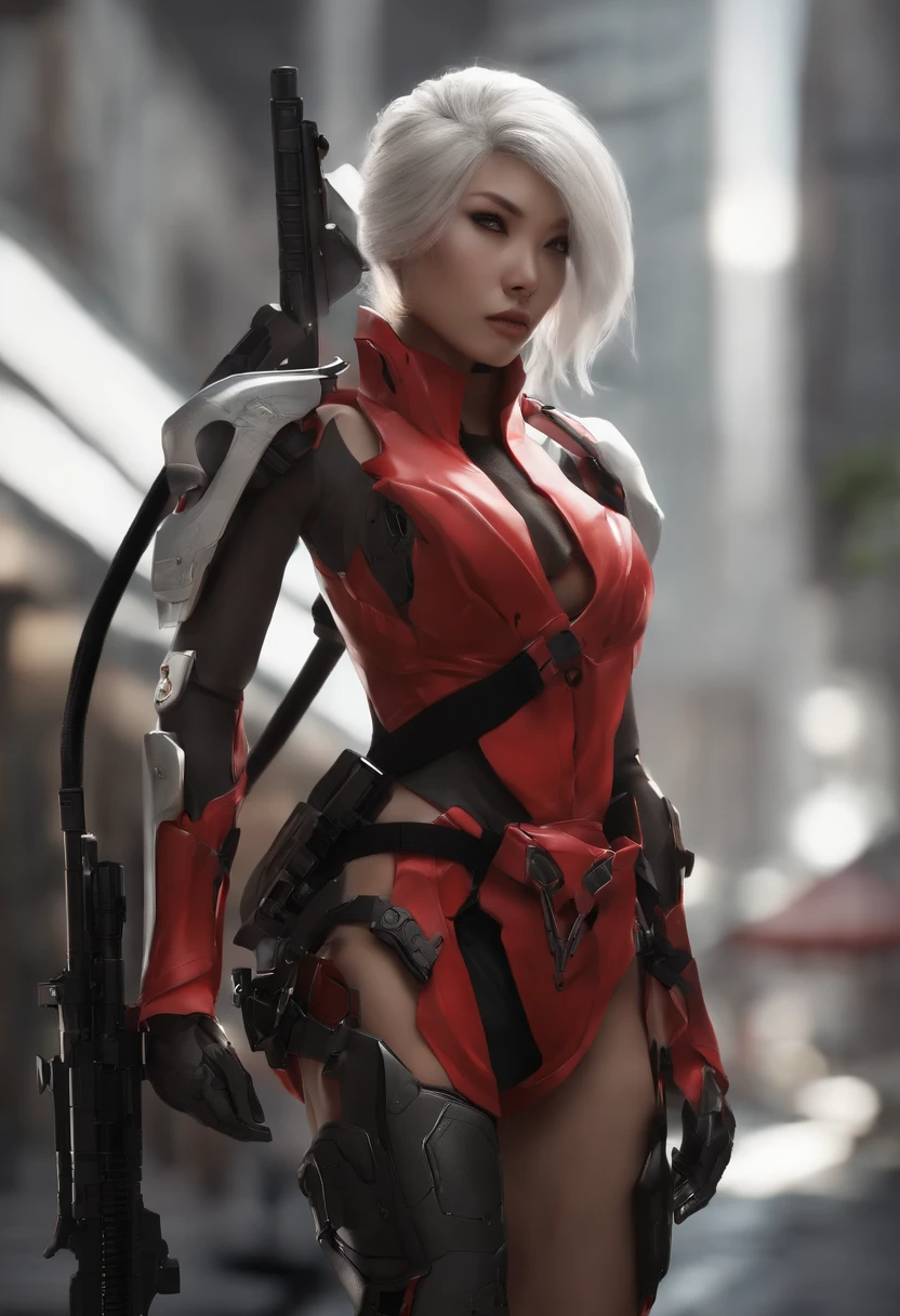 (Female Ninja Cruel Mecha: 1.3, Full body cover mechanism, Heavy AWP on the back, Digital SLR, light tracing, 。.3D, Concept art, action painting, Film Lighting, Chiaroscuro) :(1.3). Emphasize the curve of the chest, Long white ponytail hair looks graceful and attractive. Masterpiece-like 8K resolution, (Murderous death and horror): 0.5, Long red scarf fluttering in the wind, War-torn city as a background.