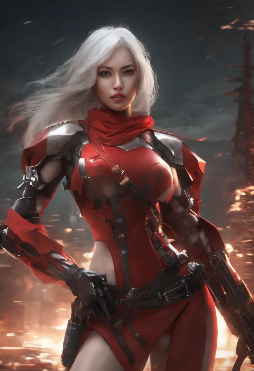 (Female Ninja Cruel Mecha: 1.3, Full body cover mechanism, Heavy AWP on the back, Digital SLR, light tracing, 。.3D, Concept art, action painting, Film Lighting, Chiaroscuro) :(1.3). Emphasize the curve of the chest, Long white ponytail hair looks graceful and attractive. Masterpiece-like 8K resolution, (Murderous death and horror): 0.5, Long red scarf fluttering in the wind, War-torn city as a background.