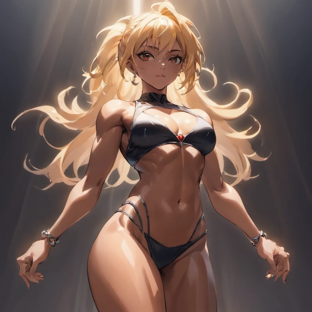 best quality,realistic,ultra-detailed,powerful,muscular,fit,beautiful,gorgeous,athletic female bodybuilder,strong muscles,toned arms,well-defined abs,strong legs and thighs,rippling biceps and triceps,sculpted physique,intense workout,fitness model,confident and empowered,exudes strength and determination,perfectly proportioned physique,posing on a stage,showcasing her hard work and dedication,admiring audience,professional photography,stunning lighting,high contrast,rich colors,spotlights highlighting her muscles,deep shadows creating a dramatic effect,striking composition,vivid blues and reds,exquisite painting-like quality,sculptural figure emerging from the shadows,dynamic energy,commanding presence,inspiring and motivating,fitness goals,healthy lifestyle,dedication to physical fitness