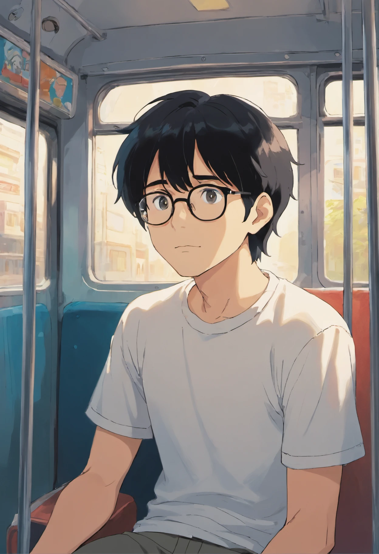 man with black hair, wearing eyeglasses, wearing white t-shirt, sitting in the bus