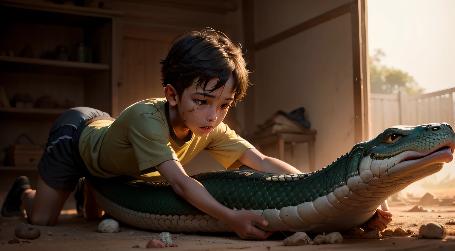 here is a boy playing with a wounded anaconda friendly on the ground inside his home with cinematic lighting