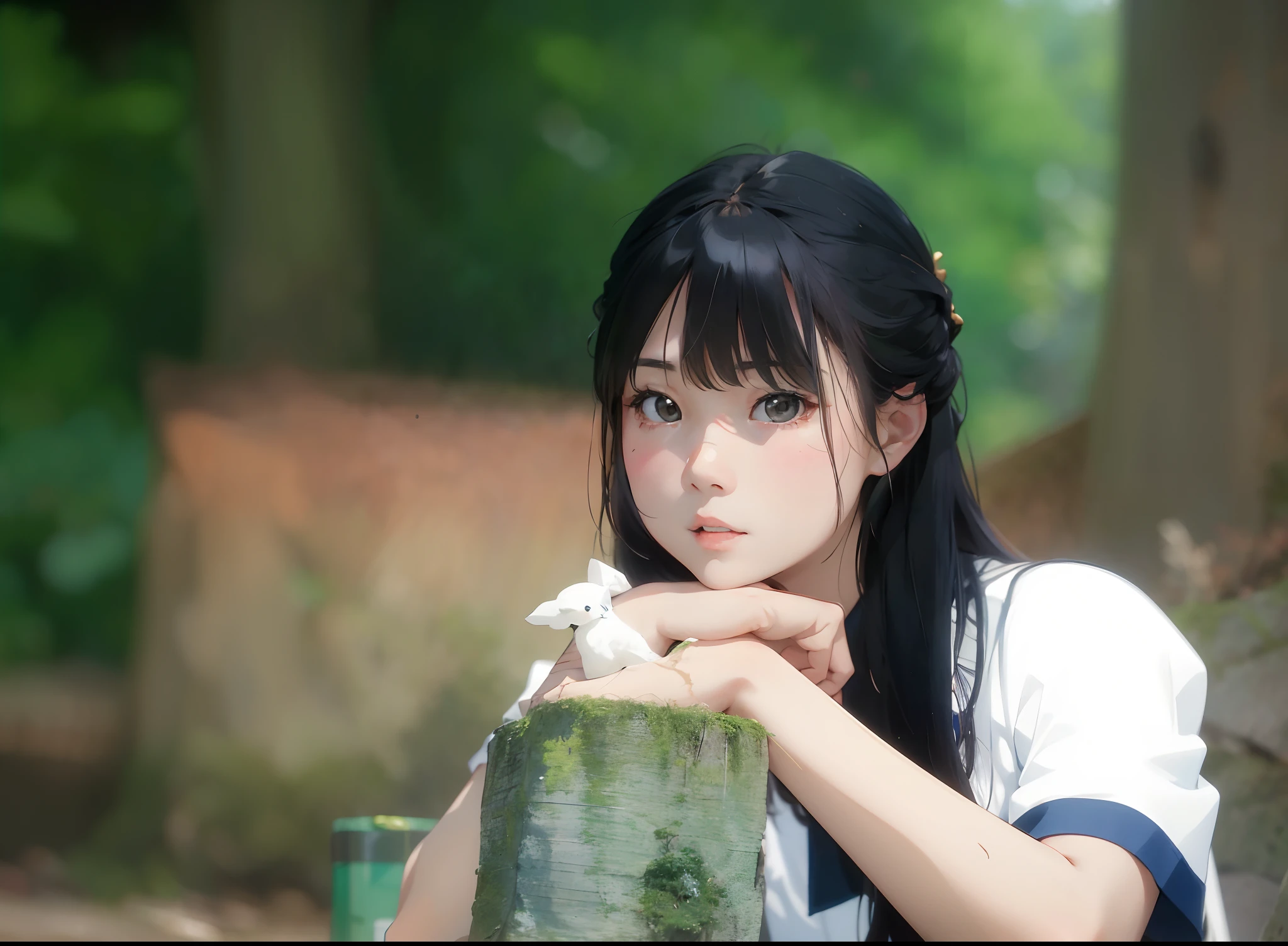 There was a woman sitting down with a green tree stump, Cute young girl, Chinese girl, Very beautiful girl, of a youthful japanese girl, a cute young woman, young and cute girl, Young Asian girl, young cute wan asian face, Beautiful young girl, A young Asian woman, cute beautiful, girl cute-fine face, Anime Thai girl