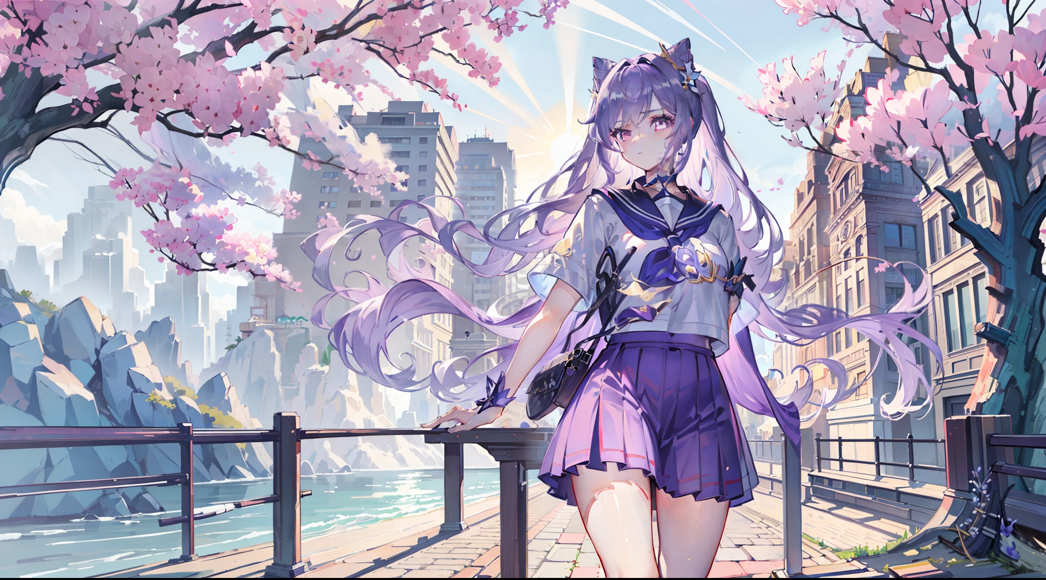 (extremely detailed CG unity 8k wallpaper,masterpiece, best quality, ultra-detailed, intricate detail),(best illumination, best shadow, an extremely delicate and beautiful), 1girl, keqing, ((serafuku)), purple skirt, schoolar uniform, outdoors, sun, outdoors, school, butterfly, watching the viewer