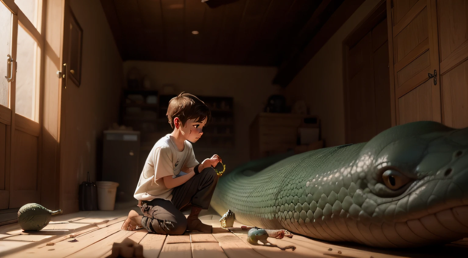 here is a boy playing with a wounded anaconda friendly on the ground inside his home with cinematic lighting