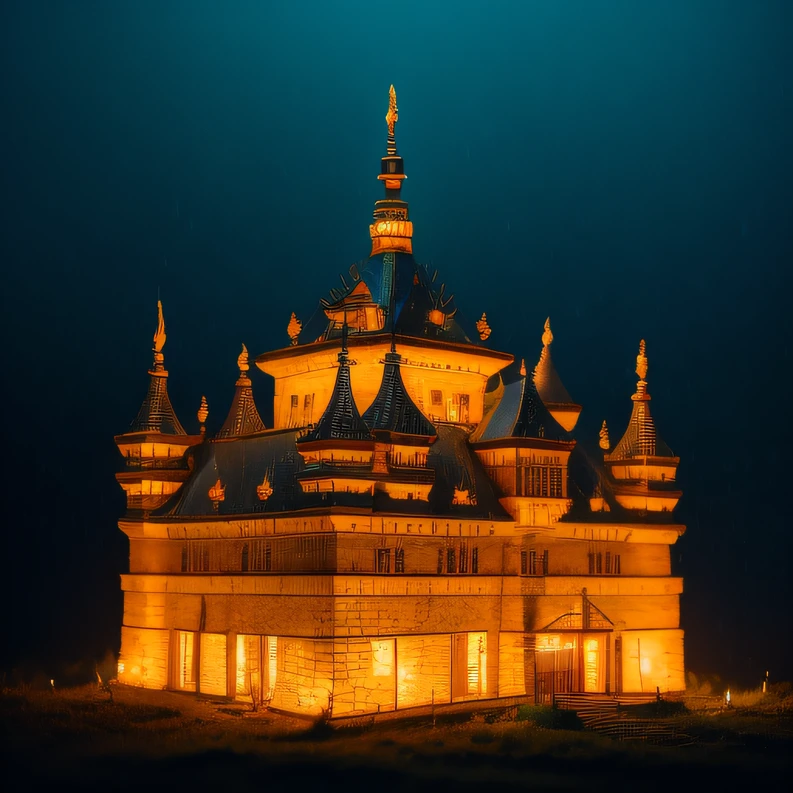 In heavy rain，（（A huge castle complex of ancient square-topped stones burning in the fire））The picture quality is excellent，Lightning，Yellow light fog，电影灯光，Natural, realistic colors，Full composition，The style refers to Van Gogh，Subject content，Burning wooden ancient domed stone giant castle game scene 1：60 miniatures，Lightning and lightning