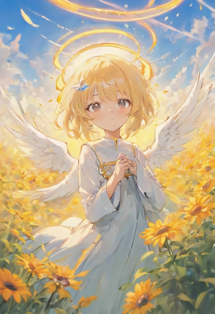 Anime boy with white wings and halo in a flower field, beautiful angel, Angel Boy, Guviz-style artwork, Guweiz in Pixiv ArtStation, guweiz masterpiece, Portrait of a beautiful angel, beautiful fantasy anime, beautiful angel, full - body majestic angel