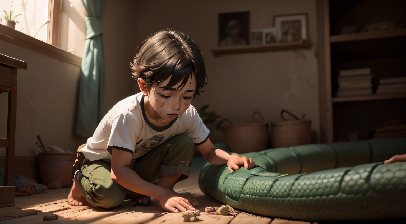here is a boy playing with a wounded anaconda friendly on the ground inside his home with cinematic lighting