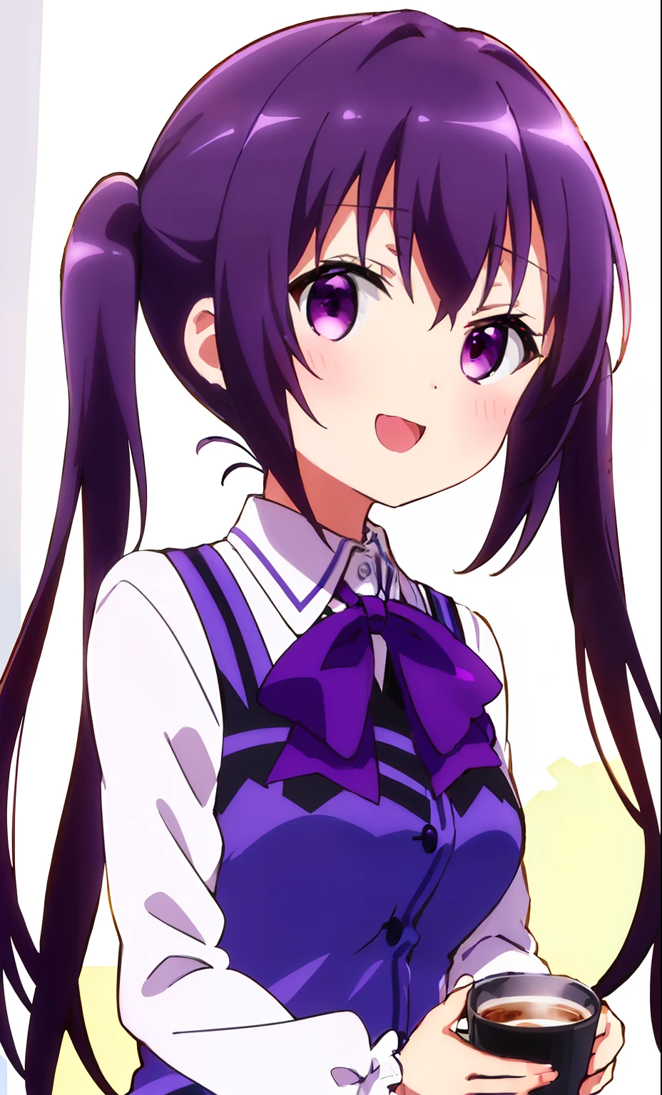 ((((ultra illustrated style:1.0)))),best quality,best animated,masterpiece,,ray tracing, global illumination,1girl, solo,upper body, looking at viewer,cafe, twintails,open mouth,rabbit house uniform,smile, collared shirt, shirt, white shirt, purple vest, purple bow, bow, vest, hair ornament, hairclip, long sleeves, purple bowtie, bowtie, wing collar, buttons, Holding a cup of coffee in hand,