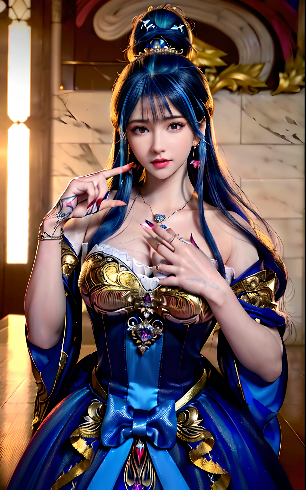 ((realisticity: 1.2)), ((realistic: 8K UHD)), ((best resolution: 8K UHD)), hyper detailed, best quality,masterpiece,highres,cg, ((1 girl hyper detailed and hyper realistic) ) , ((beautiful queen, hyper realistic and hyper detailed)),((white skin, beautiful, smooth, youthful, hyper realistic and hyper detailed )), ((Face hyper beautiful, white, hyper realistic and hyper detailed ) ), long hair, ((hyper realistic and hyper detailed dress)), solo, ((hyper realistic, hyper beautiful, beautiful and hyper detailed jewelry)), ((hyper beautiful deep red and golden yellow dress, hyper realistic and hyper detailed )) , ((Her pretty, hyper realistic, hyper detailed diamond filled earrings)), ((Her gorgeous diamond haircut, hyper realistic and hyper detailed)), ((hyper pretty upper body, hyper beautiful, hyper realistic and hyper detailed) ), ((medium breast: 1.1)), ((hyper realistic, hyper pretty, hyper detailed boobs)), ((the backgroun of the royal palace is hyper majestic, hyper realistic and hyper detailed)),((hands and palms hyper beautiful, hyper detailed, hyper realistic)), ((hyper detailed and hyper realistic fingers and fingernails)), ((hyper pretty fingernails, hyper vivid, hyper detailed, hyper realistic)), ((thumb, index finger, middle finger, ring finger, little finger hyper vivid, hyper pretty, hyper detailed, hyper realistic)), ((hyper beautiful fingers, hyper detailed, and hyper realistic)), ((posture not too fat and not too thin, hyper realistic, hyper detail)), ((hyper pretty, hyper pretty, hyper realistic and hyper detailed hair bun)), ((hyper pretty , hyper realistic and hyper detailed blue hair)), candid, Photo, high resolution, 8k , bokeh,