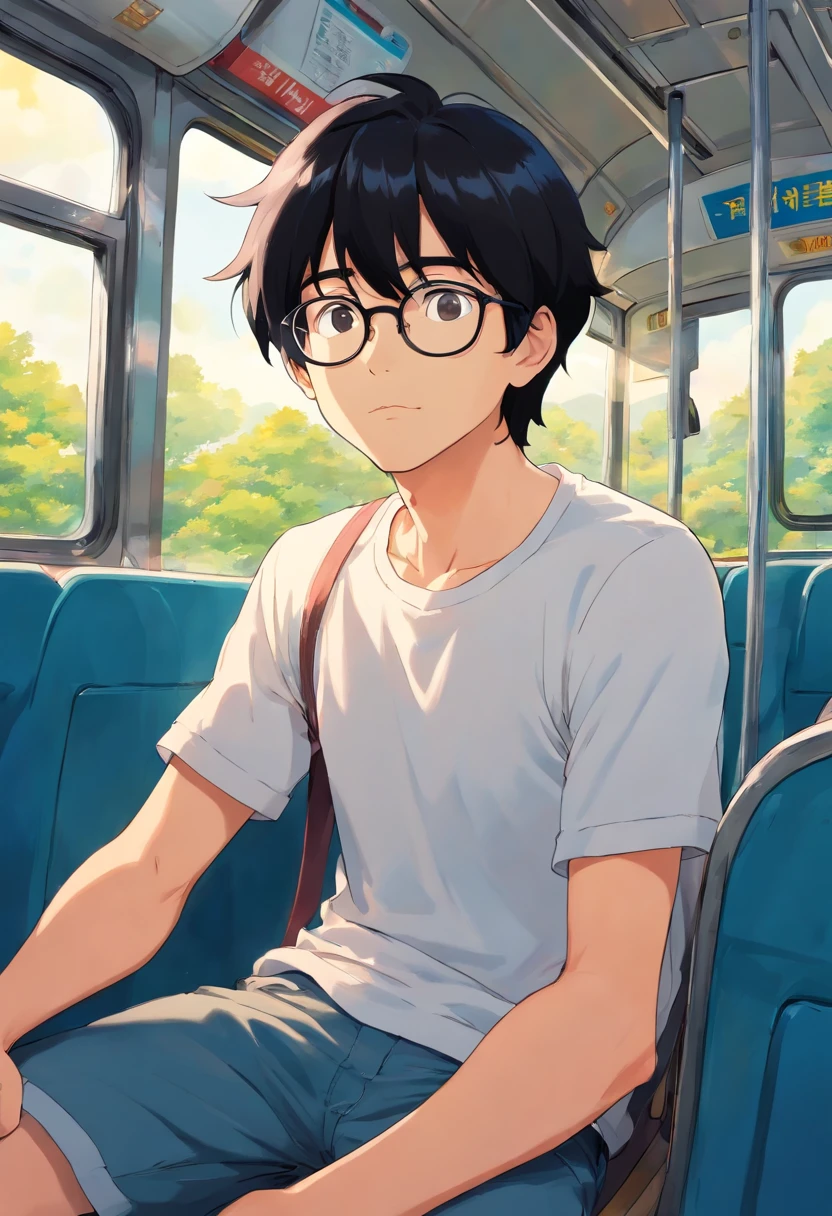 man with black hair, wearing eyeglasses, wearing white t-shirt, sitting in the bus, facing front
